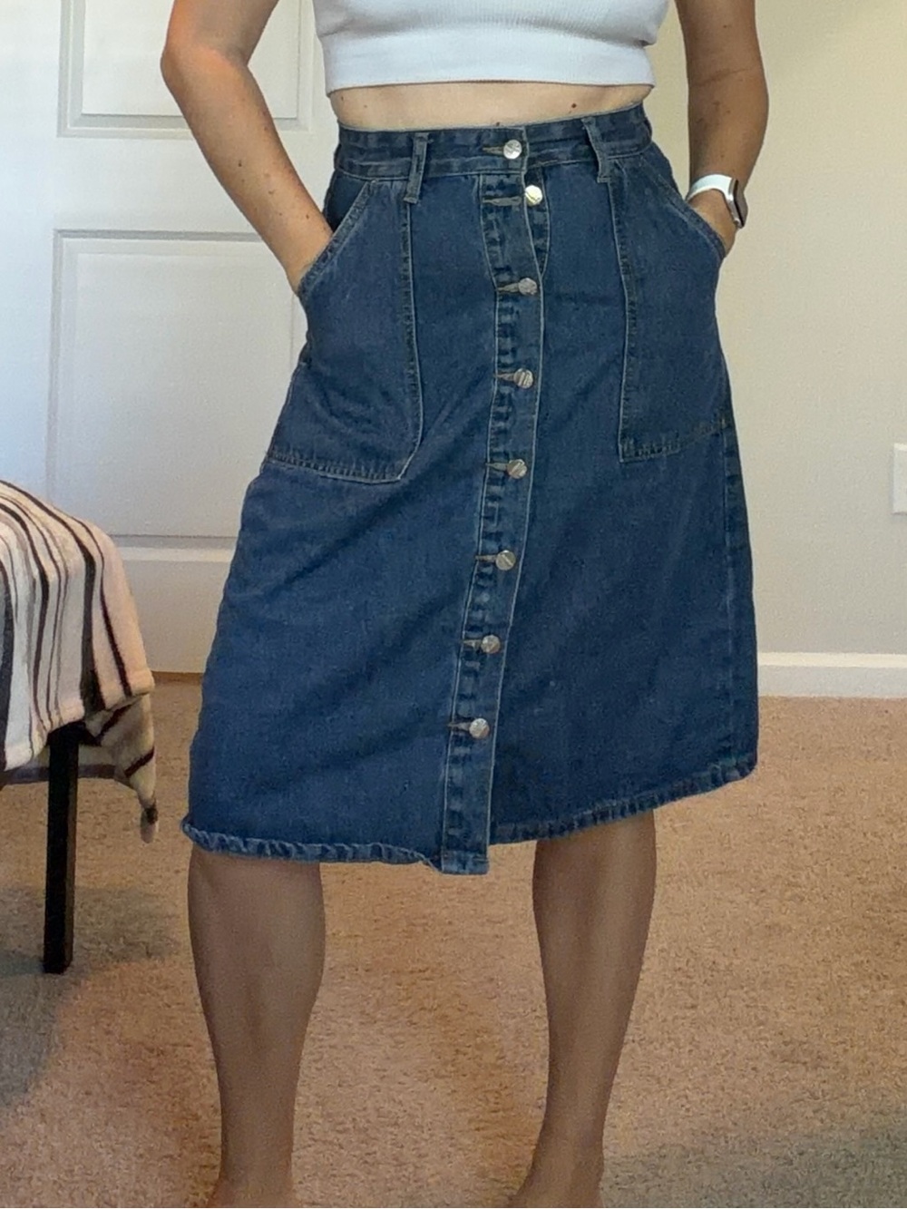 SHEIN Dark Wash Denim Button Front Midi Skirt Size M